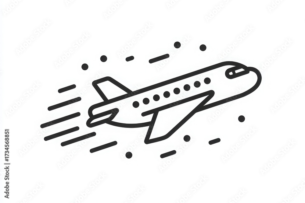 An airplane takes off with speed lines showing its rapid movement through the sky. The clear design captures the excitement of travel and adventure as it ascends.