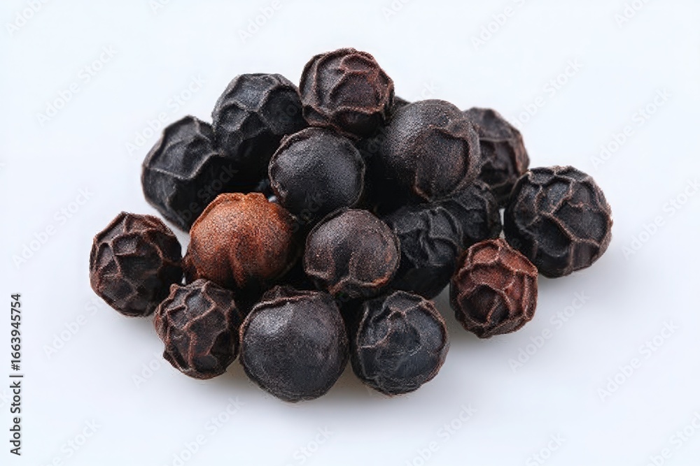 An assortment of black and brown peppercorns is displayed, highlighting their round shape and rough textures. The contrast of colors enhances their natural beauty, creating an appealing visual.