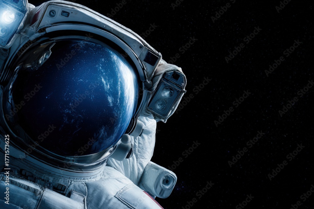An astronaut explores the vastness of space, with Earth clearly reflected in the visor. The scene captures the quiet beauty of the cosmos, against a backdrop of endless darkness.