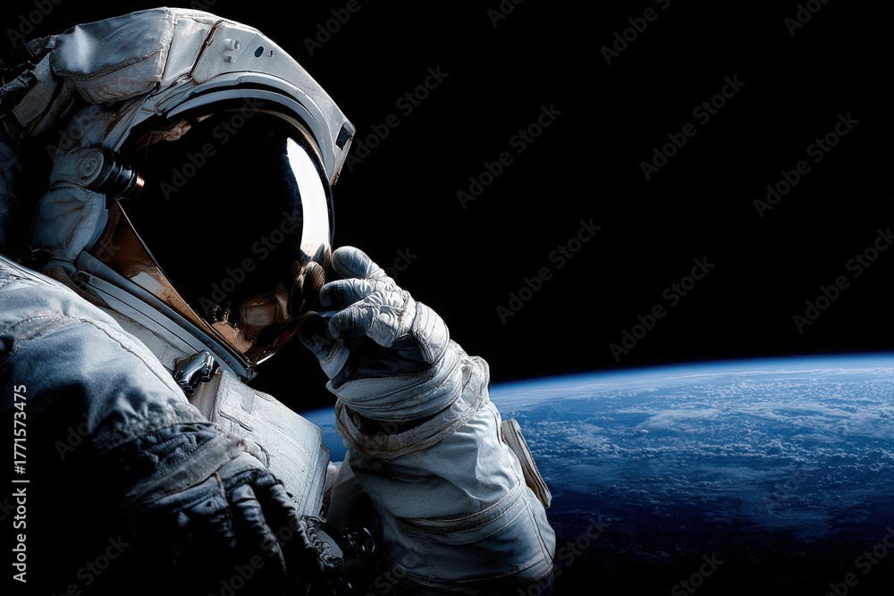An astronaut floats in space, gazing thoughtfully at Earth below. The vastness of the dark universe surrounds them, creating a serene atmosphere. Stars twinkle faintly in the background.