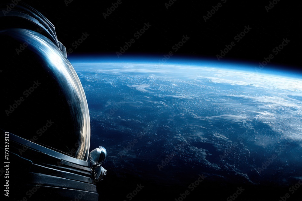 An astronaut hovers in space, gazing towards Earth. The planets blue oceans and white clouds contrast against the dark vastness of space. The helmet reflects the stunning view of the universe.
