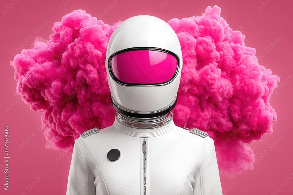 An astronaut in a sleek white suit with a reflective visor stands confidently. Behind them, a bold pink cloud fills the background, creating a striking visual contrast.