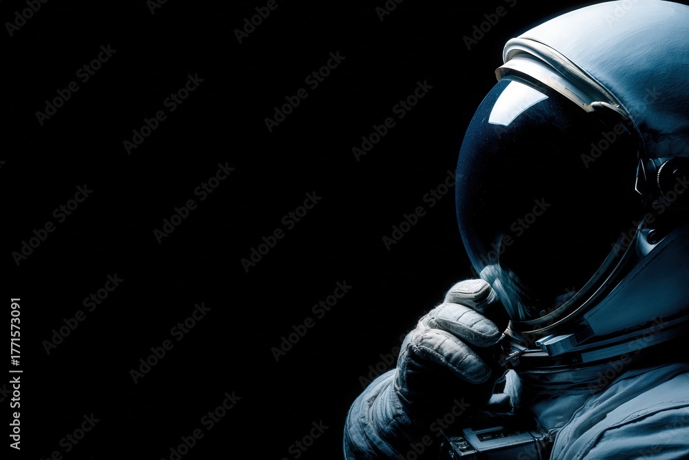 An astronaut stands silently, contemplating in a dark setting. The suit is detailed, showcasing the reflective visor and gloves. The atmosphere evokes a sense of mystery and solitude in space.