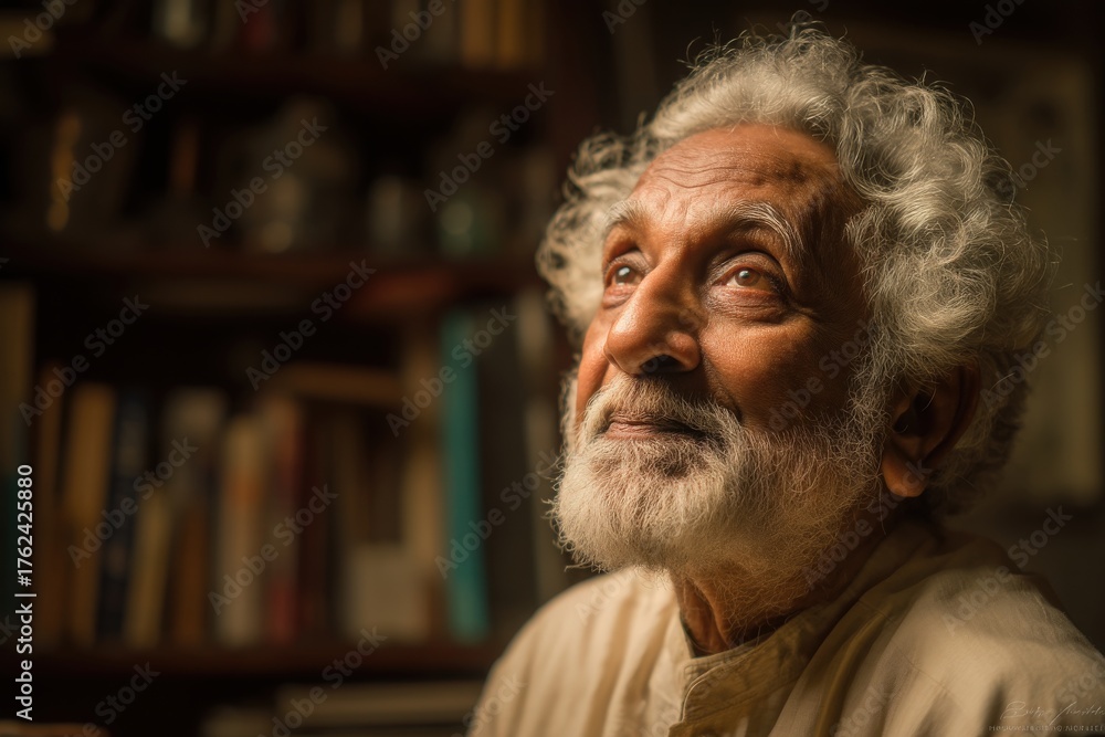 An elderly man with curly white hair looks up with a thoughtful expression. He is surrounded by books in a warm, cozy room filled with soft light. The atmosphere feels peaceful and reflective.