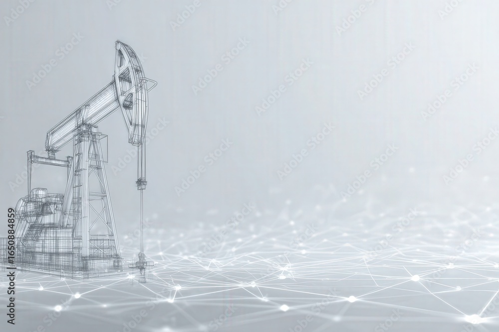 An engineered oil pump jack stands prominently against a gray digital backdrop, symbolizing advancements in energy technology and the oil industry. Connections and nodes illustrate a networked future.