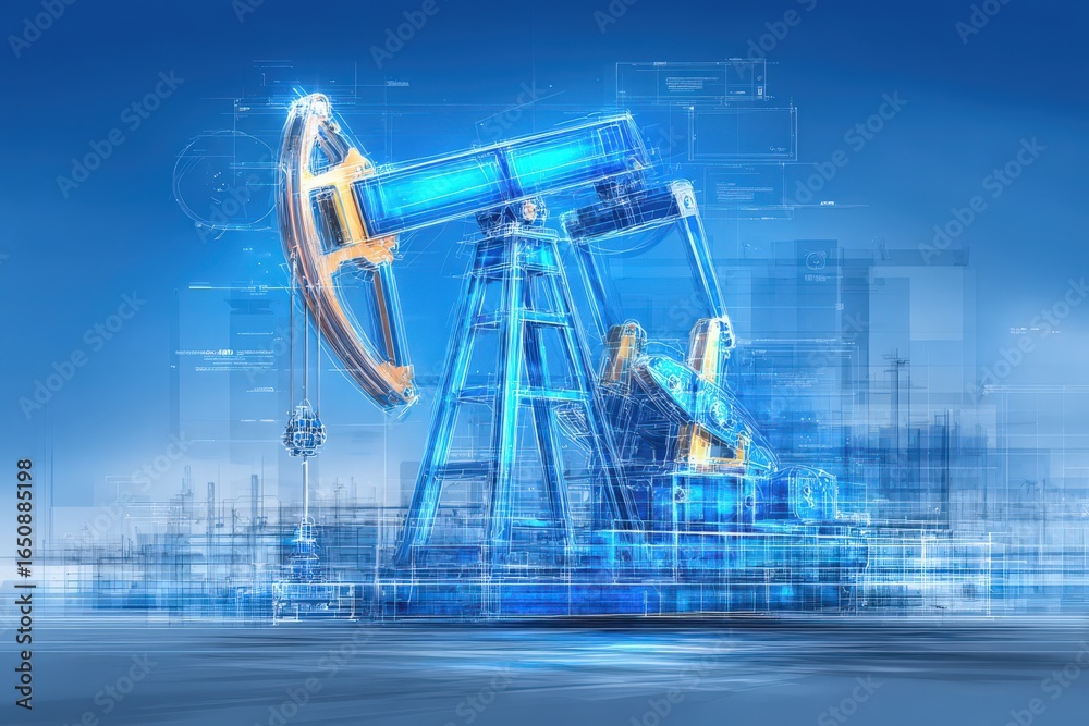 An oil pump jack is visibly working in a futuristic industrial setting. The structure is surrounded by high-tech digital interfaces indicating data and analytics in a blue environment.