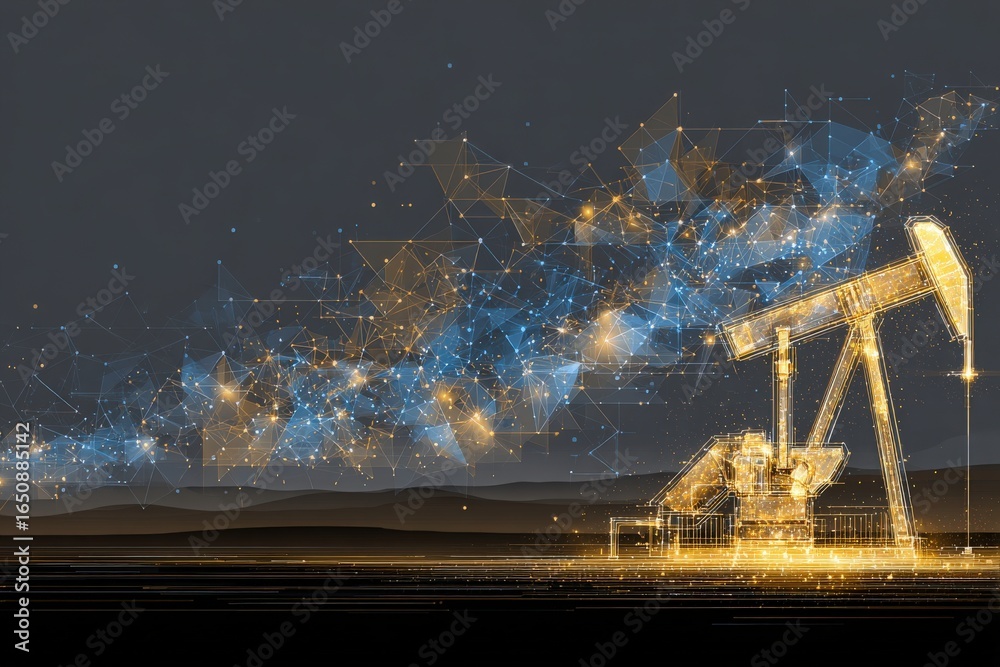 An oil pump jack stands prominently in a digital landscape, characterized by glowing lines and geometric shapes, conveying a sense of innovation and technology in the energy sector.