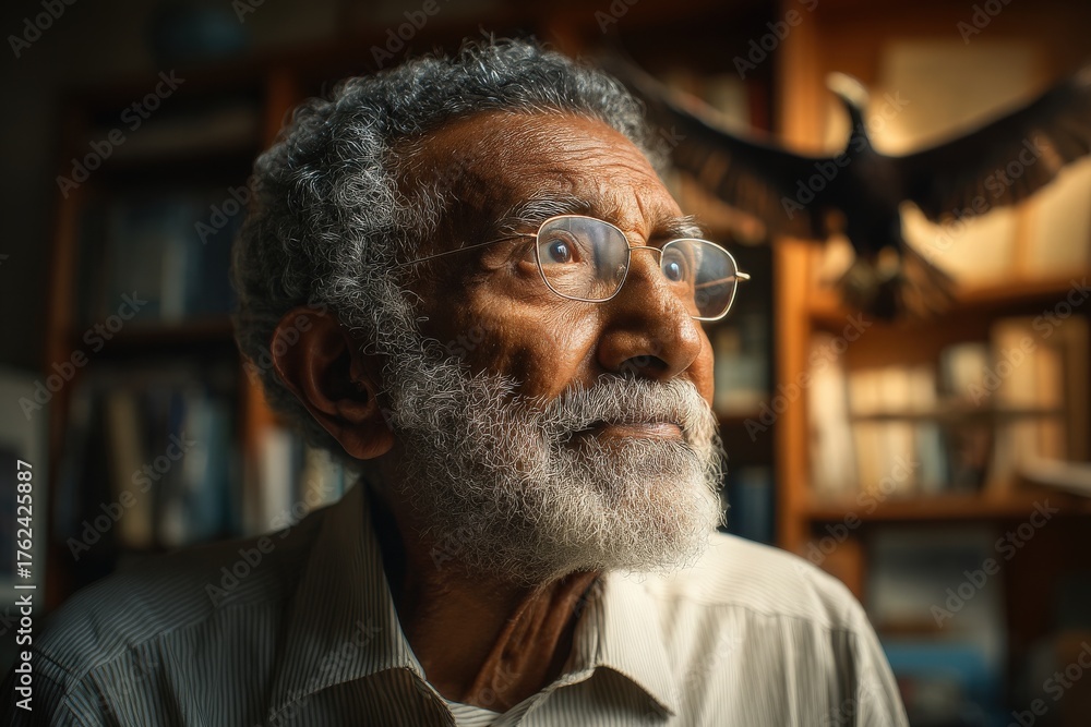 An older man with gray hair and beard gazes thoughtfully in a well-lit room filled with books. He wears glasses and appears to reflect on memories or ideas, exuding wisdom.