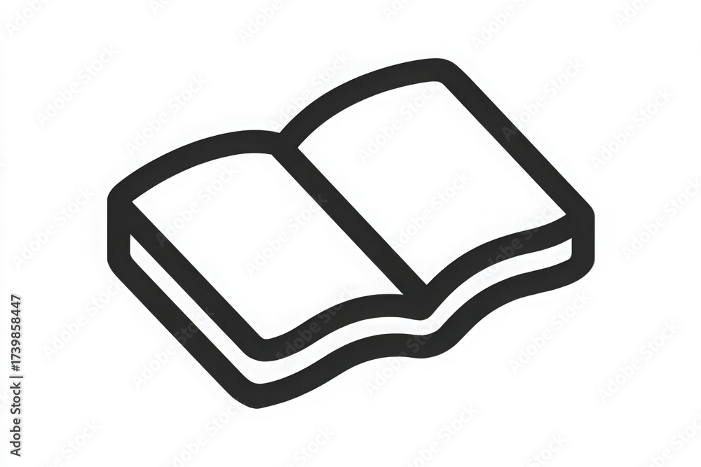 An open book is depicted with clean, bold lines on a white background. The design is minimalistic, emphasizing the shape and form of the pages.