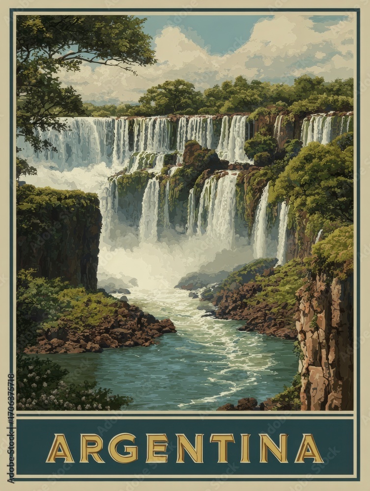 At the Iguazu Falls in Argentina, powerful water cascades over rocky cliffs, creating a mesmerizing view. Lush green trees frame the scene, highlighting the beauty of this natural wonder.