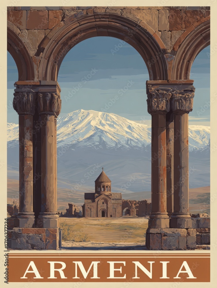 Beautiful landscape features ancient arches framing a church and snow-capped mountains in the background. The scene captures the serene beauty of Armenias history and nature.