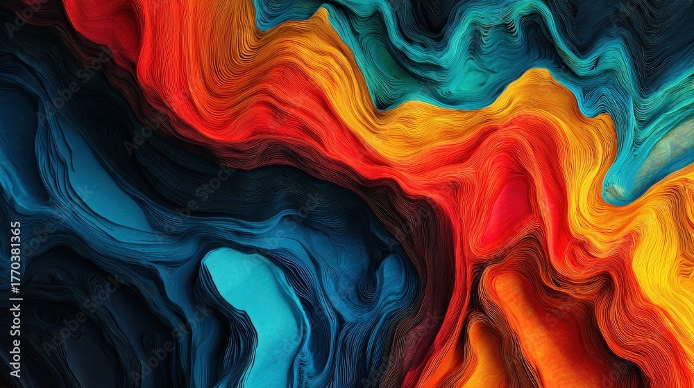 Bold colors swirl together in a striking abstract design, featuring deep reds, bright oranges, and cool blues. The fluid pattern creates an energetic visual experience in a dark setting.