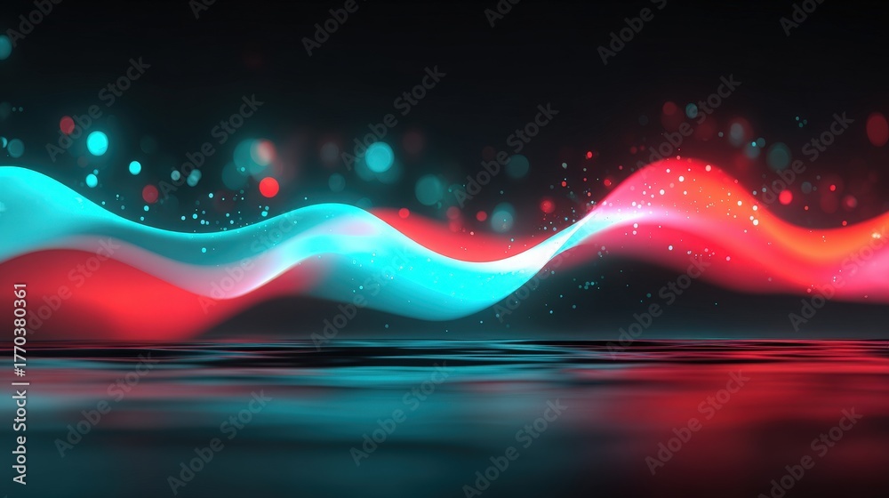 Bright blue and red waves move smoothly across a dark backdrop, creating a vibrant scene. Sparkling particles add an artistic touch, enhancing the lively atmosphere of this abstract composition.