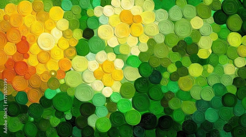 Bright circles in yellow and green swirl together, forming a lively abstract representation of nature. The artwork captures dynamic energy through its playful shapes and colors.