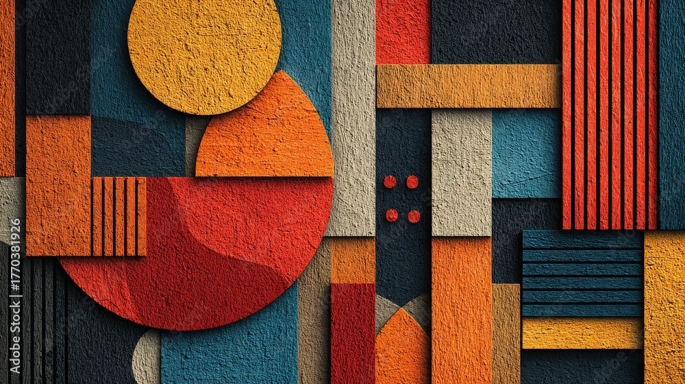 Bright circular and rectangular shapes are arranged in an eye-catching abstract design. The mural features bold colors like red, blue, and orange, giving a modern and lively atmosphere.