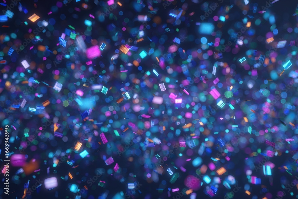 Bright, colorful particles of various shapes float and swirl in a visually captivating display. The dark background enhances the vibrancy of the hues, creating a mesmerizing effect.