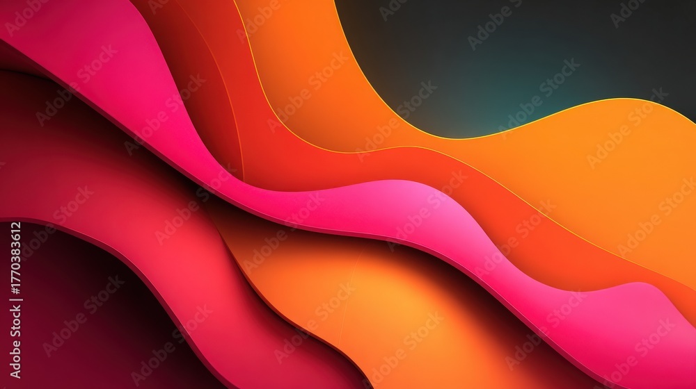 Bright colors blend in a smooth wave pattern, creating an engaging abstract design. The layers of pink, orange, and dark hues evoke a sense of dynamic energy and creativity.