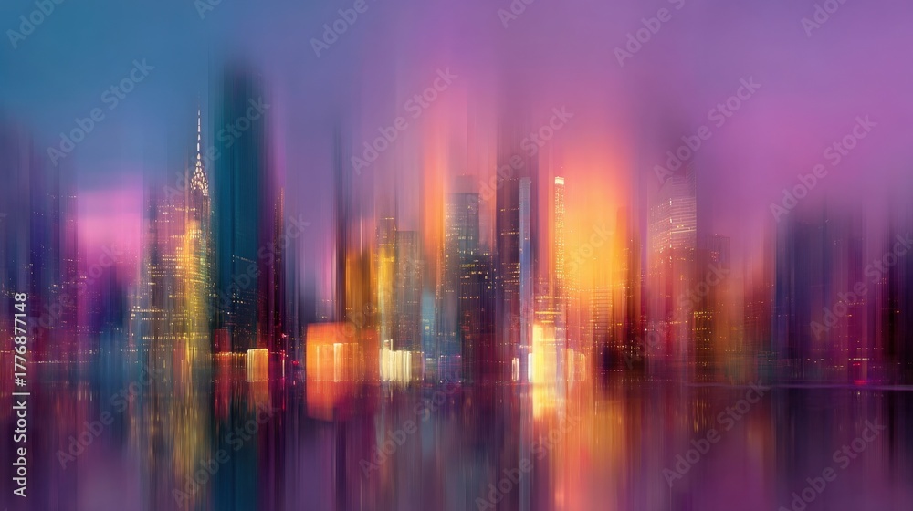 Bright colors blend in the skyline as the sun sets over the city. Buildings are outlined against the vibrant backdrop, creating an abstract, dreamlike quality. The water reflects the stunning hues.