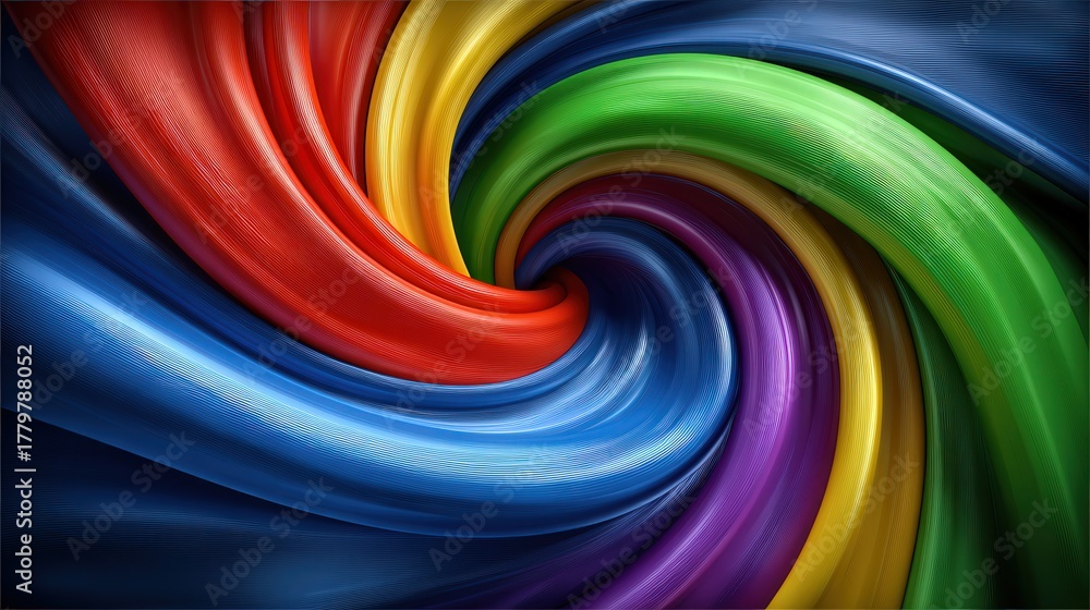 Bright colors blend together in a swirling pattern resembling flowing fabric. The vivid reds, greens, blues, and purples create an eye-catching and energetic composition.