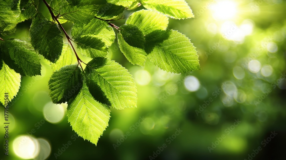 Bright green leaves catch sunlight in a serene forest atmosphere. The soft glow enhances the details of the leaves, creating a peaceful impression of natures beauty.