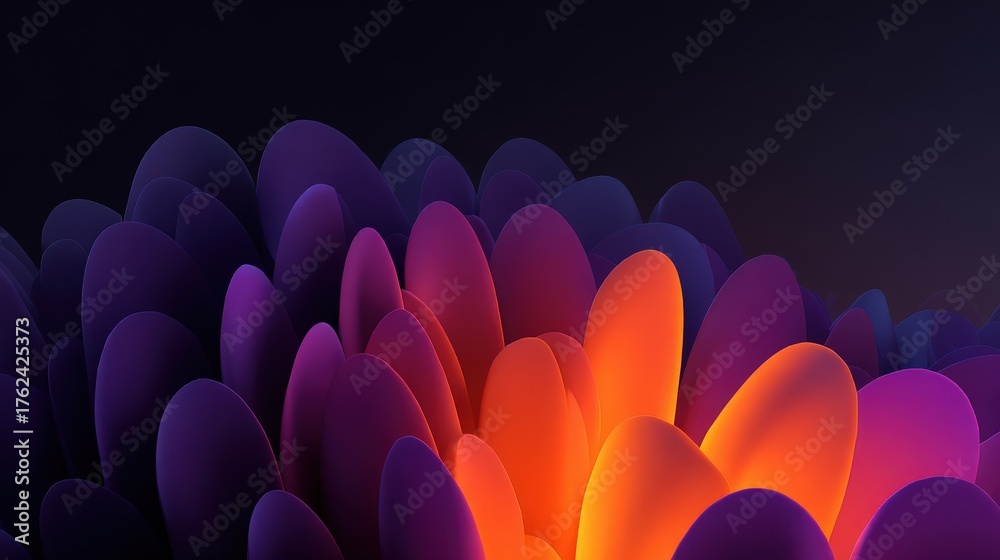 Bright layers of purple and orange shapes create a vibrant abstract design. The glowing center draws attention against a dark background, adding depth and contrast to the scene.