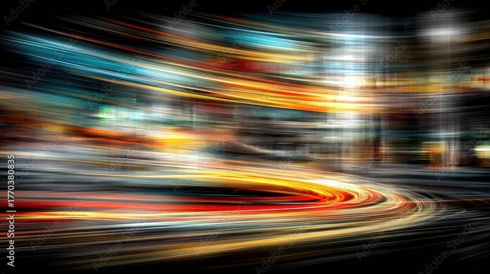 Bright light trails swirl in vibrant colors, showcasing the movement of vehicles in a bustling city at night. The blurred lines illustrate the energy and speed of urban life.