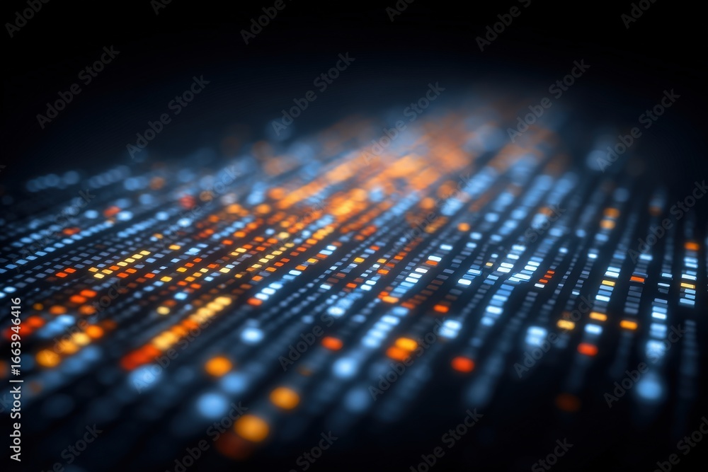 Bright orange and blue dots intertwine in a flowing pattern against a dark background, symbolizing data transfer and digital connectivity, creating a dynamic and energetic visual experience.