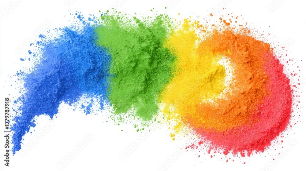 Bright powders in blue, green, yellow, orange, and red swirl together, showcasing a colorful display perfect for art projects or celebration settings. Ideal for crafts or festivals.