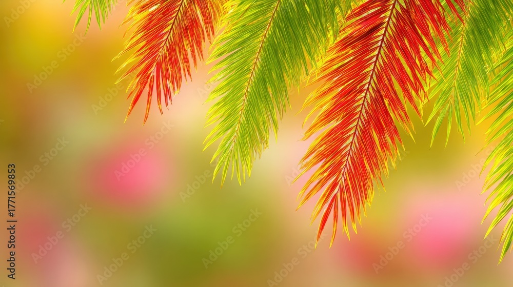 Bright red and green leaves hang gracefully, catching soft light in a lush garden. The background features blurred pink blooms, creating a serene and colorful atmosphere in the late afternoon.