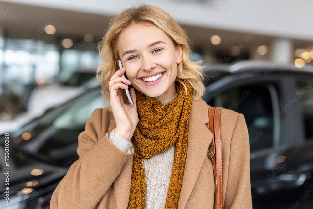 Bright smile lights up the face of a young woman as she talks on the phone in a car dealership.