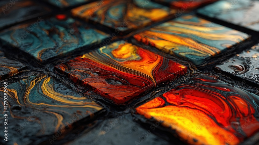 Bright tiles are arranged in a captivating pattern, displaying bold colors and swirling designs. The surface shimmering with droplets adds depth to the vivid orange, red, and deep blue tones.