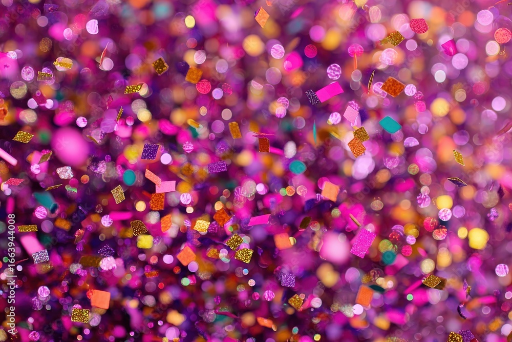 Brightly colored confetti falls through the air in a lively atmosphere, creating a festive mood. Various shapes and hues mix together, enhancing the celebratory ambiance of the occasion.