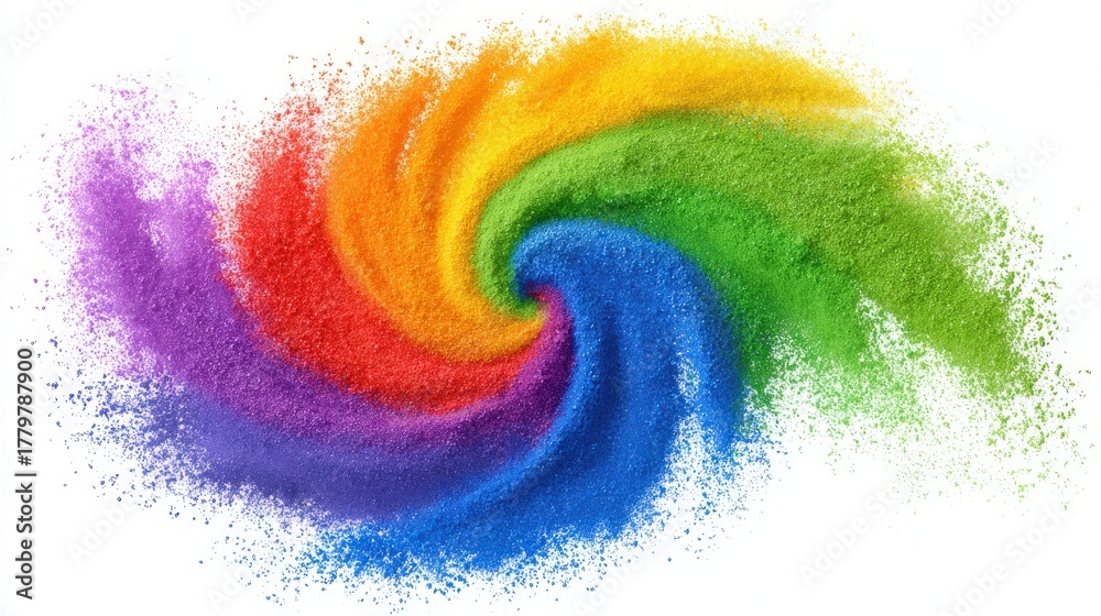 Brightly colored powders form a dynamic swirl on a clean white surface. The vibrant hues of purple, orange, yellow, green, and blue blend together, creating a sense of motion and energy.