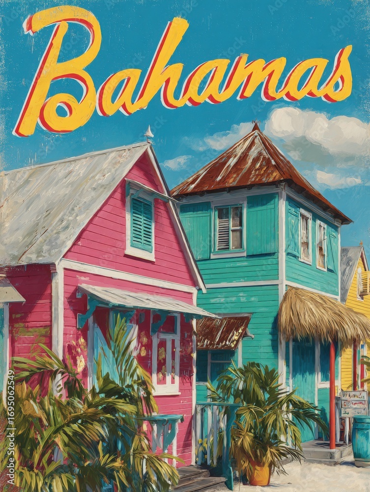 Charming houses in the Bahamas feature bright colors and tropical plants. The architecture showcases local design elements against a backdrop of a clear sky in a sunny atmosphere.