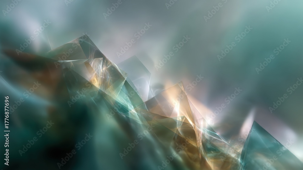 Colorful abstract shapes blend together to form a dynamic landscape of light and shadow. The composition features sharp angles and soft curves, creating a sense of depth and movement.