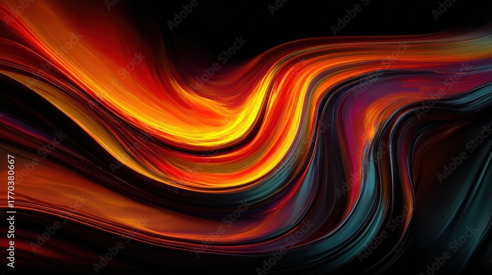 Colorful flowing lines of red, orange, and black create a vibrant abstract scene. The smooth curves and gradients suggest movement and energy, drawing the viewers eye through the composition.