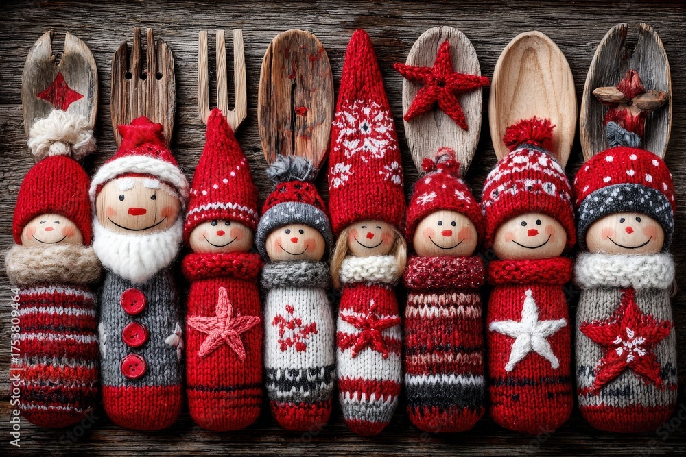 Colorful handmade holiday decorations show smiling figures in red and white outfits. Character designs include Santa, snowmen, and stars, arranged neatly on a rustic wooden surface.