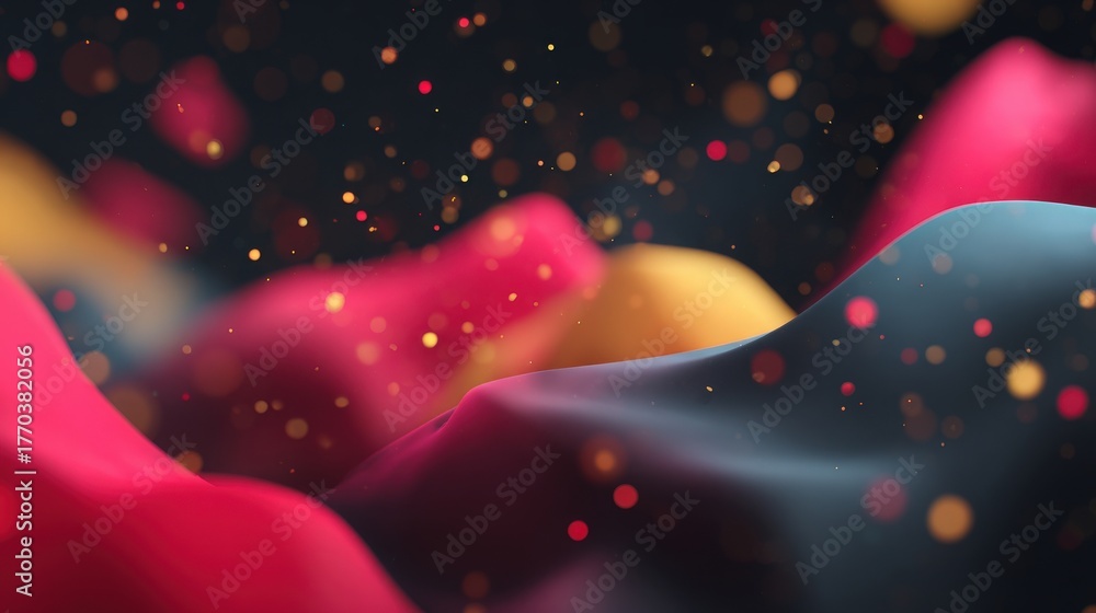 Colorful layers of fabric flow and blend together, creating a dynamic and abstract visual. Small glowing particles float through the scene, adding depth to the dark background.