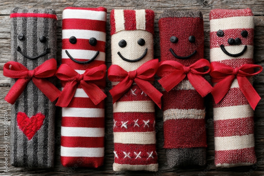 Colorful napkin rolls are neatly arranged on a rustic wooden surface. Each roll is wrapped in fabric with cheerful patterns, complete with smiley faces and red bows, creating a festive look.