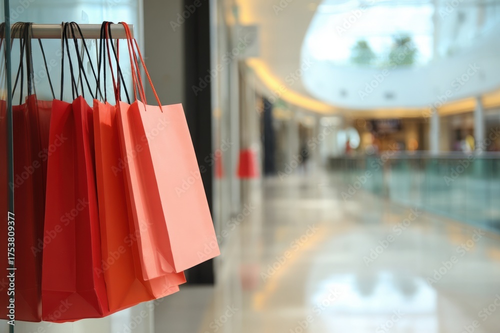 Colorful shopping bags hang from a rack in a spacious retail area. The background features a bright, inviting atmosphere with smooth floors and soft lighting.
