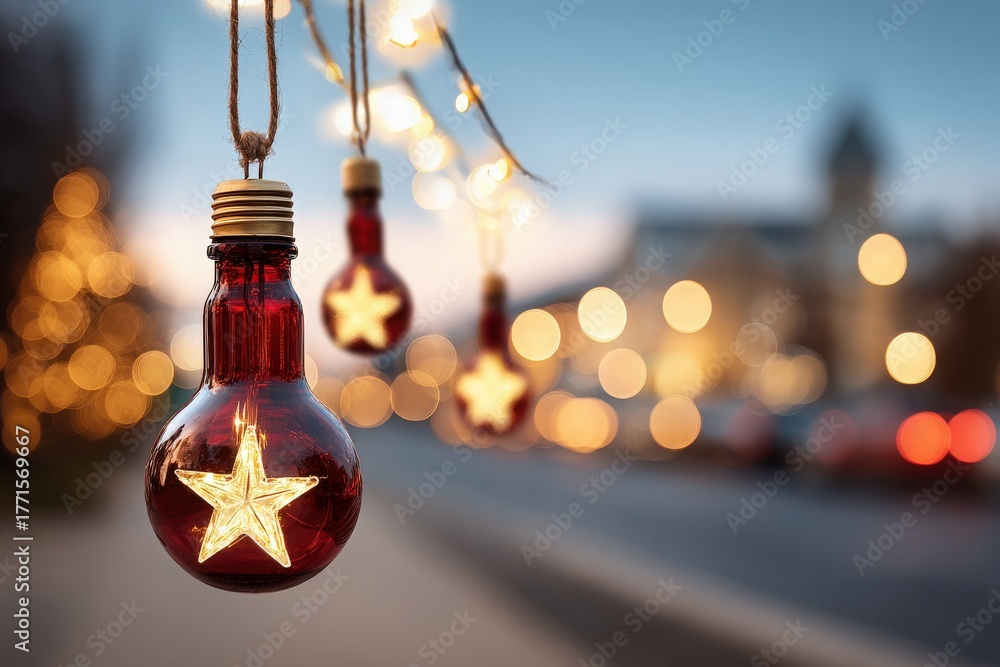 Colorful star-shaped lights hang from strings, illuminating a lively street during the holiday season. The soft glow adds warmth as night falls, creating a festive atmosphere.