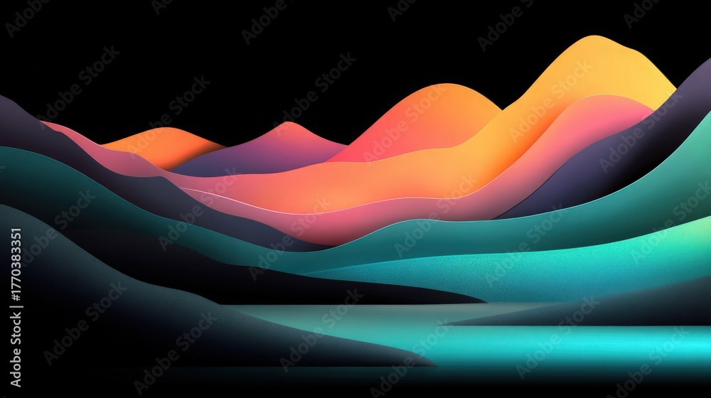 Colorful waves and hills rise against a dark background, showcasing gradient tones of pink, orange, and turquoise. The scene captures a tranquil atmosphere, reminiscent of a peaceful sunset.