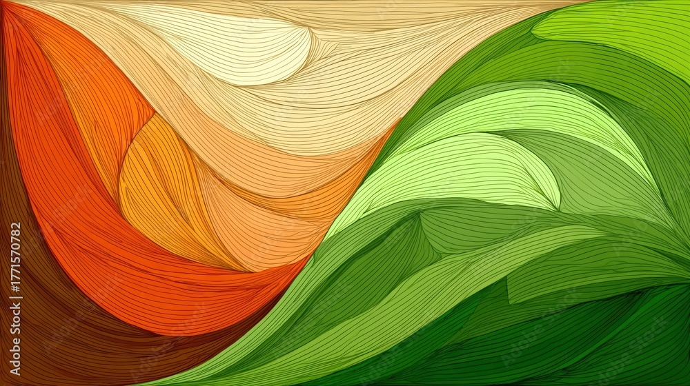 Colorful waves in warm orange and cool green tones create an abstract representation of nature. The smooth lines flow gracefully, showcasing the harmony between land and sky.