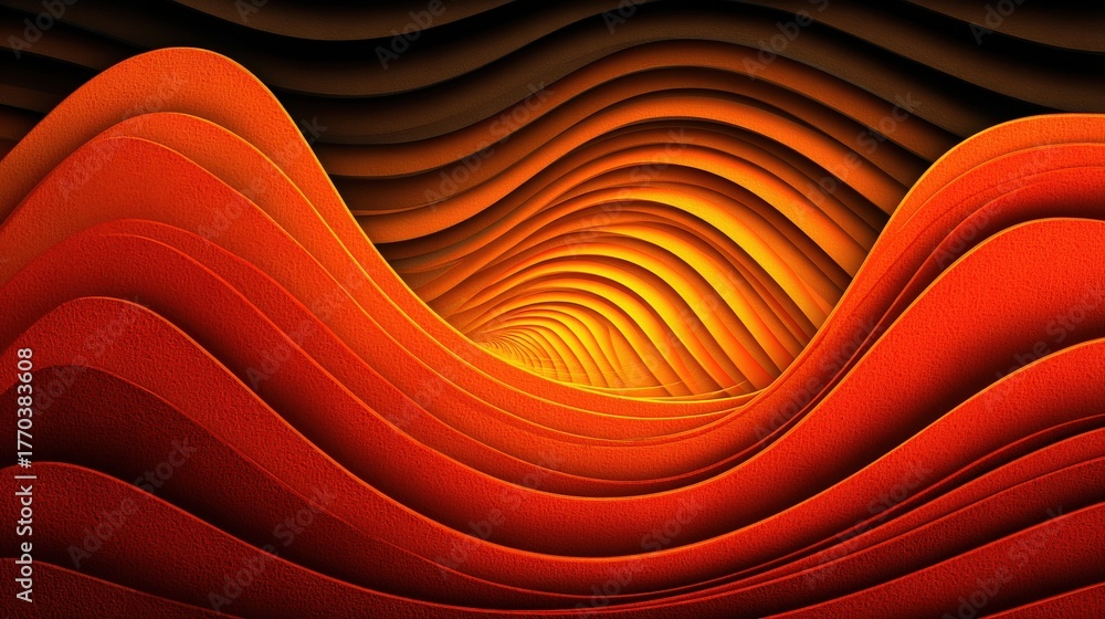 Curved layers in shades of orange and black form a dynamic and mesmerizing scene. The flowing shapes create a sense of movement, drawing the viewer into an inviting, warm space.