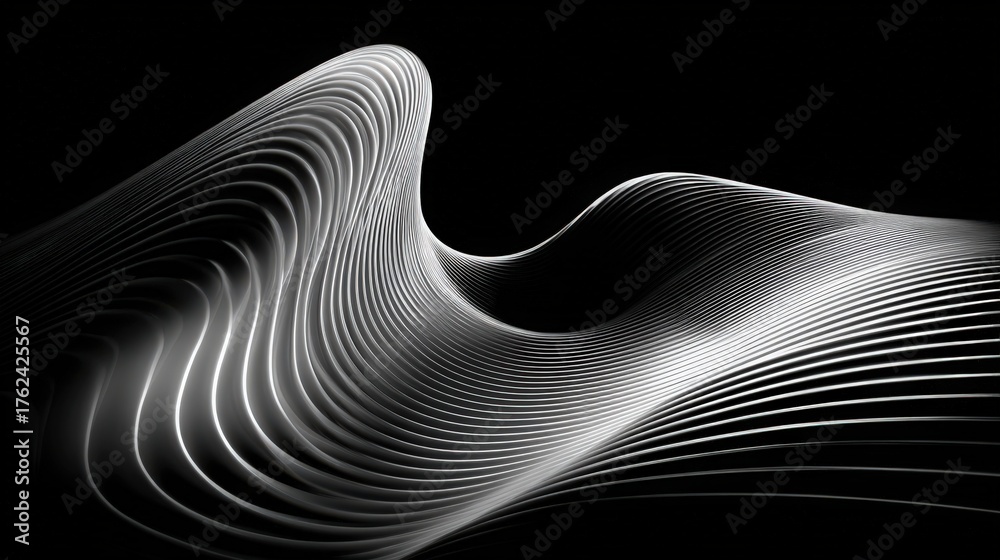 Curved lines flow gracefully against a black background, forming dynamic shapes. The design emphasizes movement and depth, creating a striking visual effect that captivates the observer.