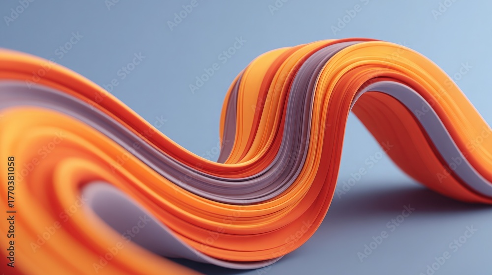 Curved strips of orange and purple flow gracefully against a light blue background, creating a vibrant, dynamic scene. The colors blend seamlessly, evoking a sense of movement and energy.