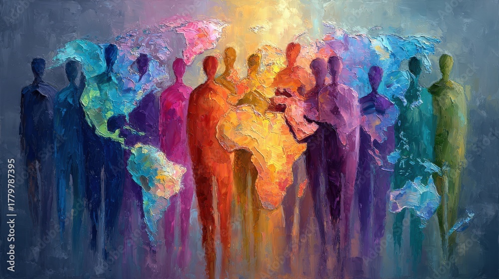 Diverse figures gather around a vibrant world map, symbolizing unity and collaboration across cultures. The colorful silhouettes highlight the importance of global connections and understanding.