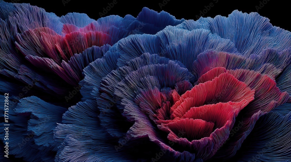 Exquisite abstract flowers display intricate petals in rich blue and red hues. The dramatic textures create a sense of depth, capturing attention with their bold colors and organic forms.