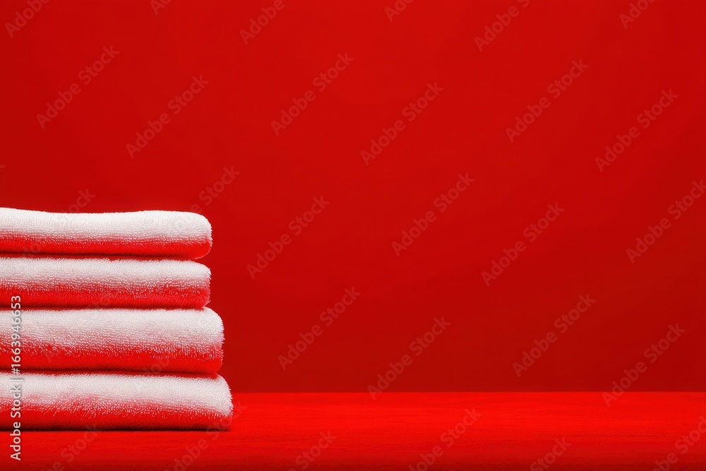 Four fluffy white towels are arranged in a neat stack on a flat surface, set against a bright red background. The contrast creates a striking and energizing visual effect that enhances any space.