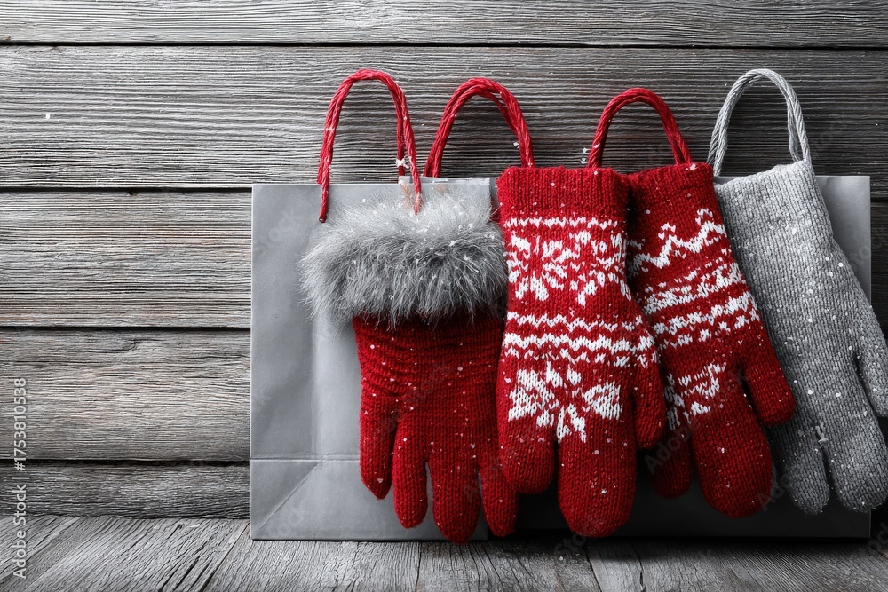 Four warm mittens in red and gray are arranged on a gray shopping bag against a rustic wooden backdrop. The mittens feature festive patterns, perfect for the winter season.